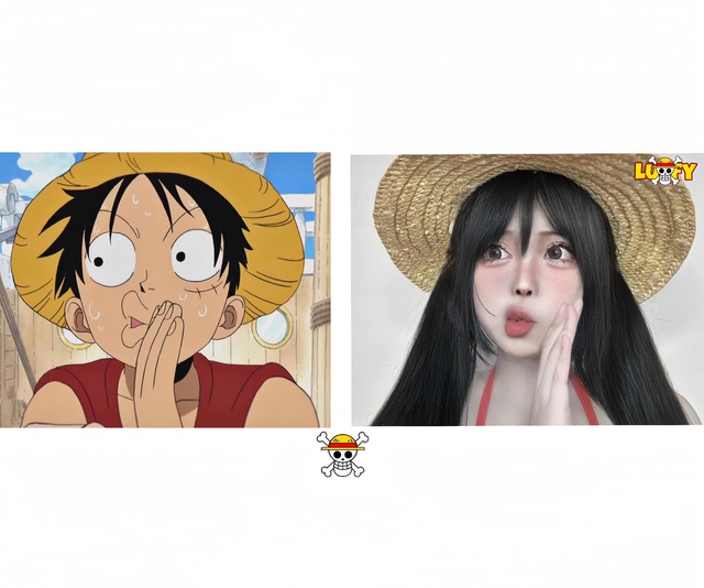 Female gamer cosplaying Monkey D. Luffy shows off 